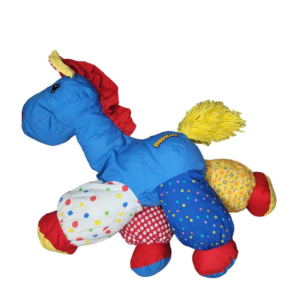 Vintage 80s floppalots Horse Plush Toy With Colorful Patchwork Design Yarn Mane